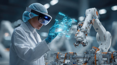 A scientist wearing virtual reality glasses interacts with a holographic display while overseeing a robotic arm in a modern laboratory, showcasing innovation and technology.の素材