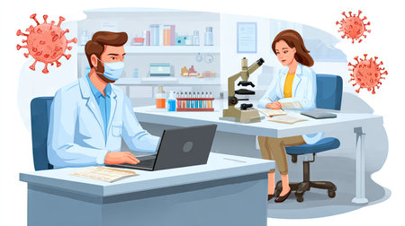 Two medical researchers work diligently in a laboratory, focusing on virus analysis using advanced microscopes and computers, highlighting teamwork and innovation.の素材