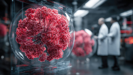 Detailed visualization of a red microorganism in a laboratory setting, highlighting scientific research with attentive scientists in the background focused on innovation.の素材