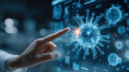 A close-up image showcasing a hand touching a digital interface with a virus structure illustration. The scene represents advanced technology and medical research.の素材