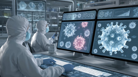 Scientists in protective gear analyze viral structures displayed on computer screens in a high-tech lab, highlighting breakthroughs in medical research.の素材
