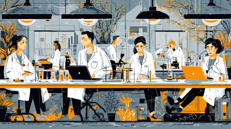 This vibrant illustration depicts a modern science laboratory filled with researchers engaged in various experiments and collaborative tasks, surrounded by study materials and plants, highlighting innovation and teamwork in a professional setting.の素材