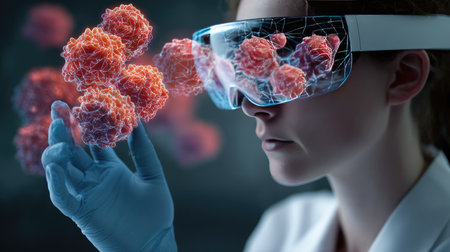 A female scientist in a lab setting using augmented reality glasses to analyze molecular structures, showcasing modern technology in scientific research and innovation.の素材