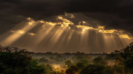 A breathtaking view of sunlight breaking through dark clouds, illuminating a lush green forest landscape. This serene scene captures nature's beauty and tranquility.の素材