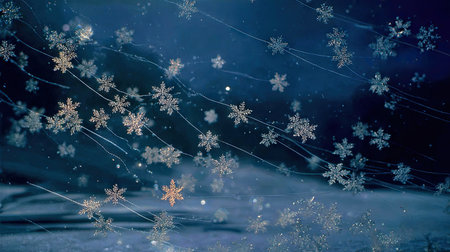 This enchanting image captures the beauty of snowflakes glistening in the dark winter night sky, creating a serene atmosphere with a gentle breeze.の素材