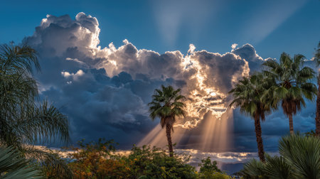 Experience the beauty of a tropical sunset with dramatic clouds and vibrant sunrays streaming through, illuminating lush palm trees in serene nature.の素材