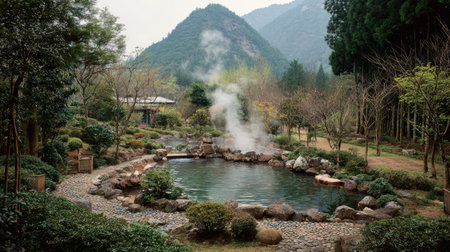 This captivating image features a tranquil hot spring embraced by verdant foliage and towering mountains, perfect for relaxation and rejuvenation.の素材
