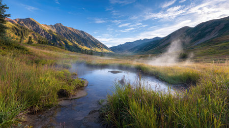 This stunning landscape captures a misty stream meandering through vibrant green valleys, set against majestic mountains under a bright blue sky.の素材