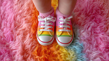A cheerful close-up of a child's feet in vibrant rainbow sneakers resting on a soft pink fur rug, capturing the essence of playful youth and creative expression.の素材