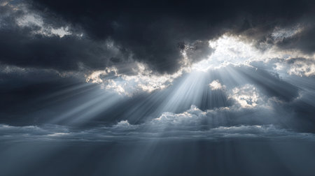 A striking scene featuring dark storm clouds with rays of light piercing through, creating a dramatic contrast against the serene horizon. Ideal for themes of nature and hope.の素材