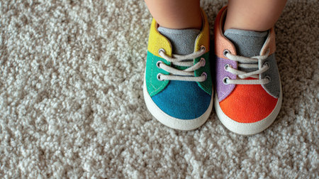 A pair of vibrant toddler shoes in playful colors rests on a soft carpet. Perfect for showcasing child fashion, comfort, and the joy of childhood activities.の素材