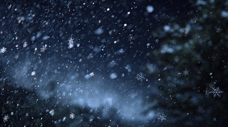 A mesmerizing scene of snowflakes falling gently against a dark winter night backdrop, creating a serene atmosphere perfect for evoking cozy feelings and festive vibes.の素材