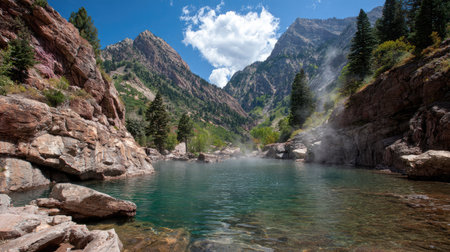 A stunning mountain landscape featuring a clear lake surrounded by lush greenery and towering peaks under a bright blue sky with soft clouds.の素材