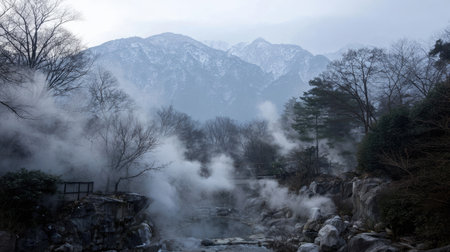 A breathtaking view of hot springs with steam rising from rocky terrain, set against a backdrop of majestic mountains, evoking relaxation and tranquility.の素材