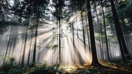 A stunning view of a dense forest where majestic trees stand tall. Sunlight pierces through the branches, creating magical rays and a serene atmosphere.の素材