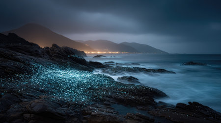 A breathtaking coastal scene at dusk showcasing glowing bioluminescent algae on rocky shores, with mountains and shimmering water under a cloudy sky.の素材