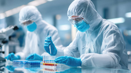 Two laboratory scientists wearing protective gear carefully conduct experiments in a cleanroom. They utilize micropipettes to ensure precise handling of samples, emphasizing safety and accuracy in their research activities.の素材