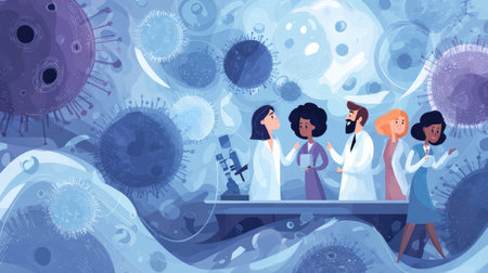 In a vibrant digital illustration, diverse scientists collaborate in a laboratory setting, discussing various microorganisms and viruses. The background features intricate representations of microscopic life, emphasizing the theme of scientific exploration and innovation in health and biology.の素材