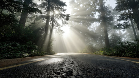 A serene scene capturing the beauty of sunlight piercing through a thick forest, illuminating a tranquil empty road, perfect for nature lovers.の素材