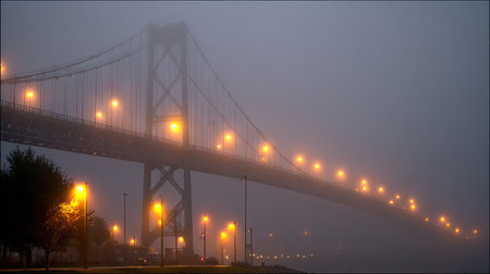 A stunning view of a bridge adorned with glowing lights, enveloped in fog at dusk. This evocative scene captures the essence of mystery and tranquility in urban landscapes.の素材