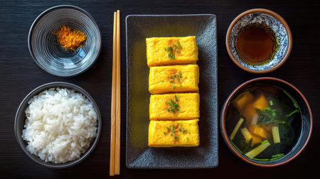 A traditional Japanese breakfast featuring tamagoyaki served with rice and miso soup. The vibrant colors, fresh ingredients, and elegant presentation highlight the simplicity and beauty of Japanese cuisine. Perfect for food lovers and cultural enthusiasts.の素材