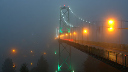 A captivating night view of a bridge shrouded in fog, with glowing lights illuminating its structure, creating a serene and mysterious atmosphere over the city.の素材