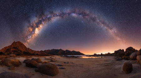 An awe-inspiring view of the Milky Way arching over a serene coastal landscape at twilight, showcasing rocky outcrops and a calm water reflection that captures the beauty of the night sky.の素材