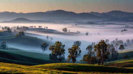 A breathtaking view of misty rolling hills features eucalyptus trees bathed in soft sunrise light, creating a tranquil and serene natural landscape.の素材