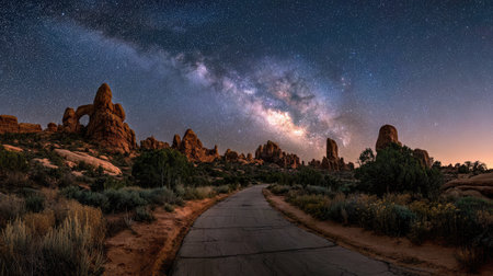 A stunning view of the Milky Way cascading over unique rock formations in a desert landscape at night, perfect for nature enthusiasts and photographers.の素材