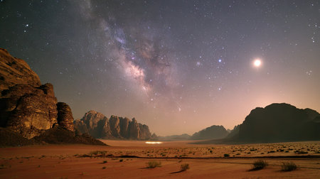Experience the breathtaking beauty of a starry night sky over a serene desert landscape, featuring the Milky Way illuminating rocky mountains in the distance.の素材