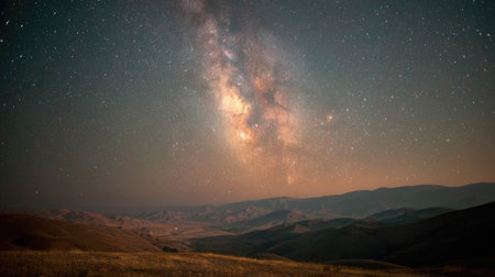 Experience the stunning beauty of the Milky Way galaxy illuminating the night sky above a tranquil mountain landscape in this breathtaking image.の素材