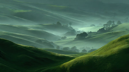 This stunning landscape features rolling green hills enveloped in mist, capturing the essence of tranquility and natural beauty at dawn.の素材