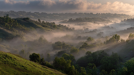 This breathtaking image captures a serene morning landscape, showcasing fog rolling over lush green hills and valleys, creating a tranquil atmosphere.の素材