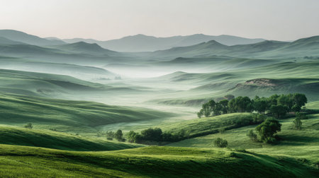 Experience the tranquility of serene green landscapes featuring rolling hills and morning mist, showcasing the beauty of untouched nature. Enjoy a peaceful escape into this calming scenery.の素材