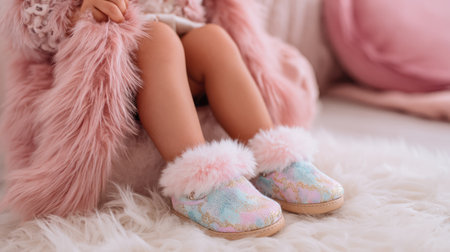 Adorable child's slippers featuring vibrant colors and fluffy pink fur, resting on a soft carpet, add warmth and charm to any indoor space.の素材