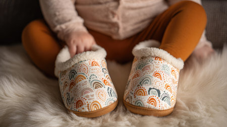A charming scene featuring a pair of cozy baby slippers with a vibrant rainbow design, resting on a soft faux fur rug, perfect for capturing childlike innocence.の素材