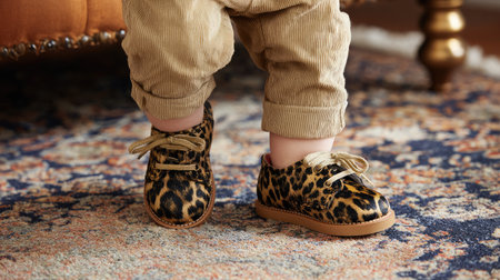 An adorable close-up of baby feet wearing stylish leopard print shoes, set against a colorful vintage rug in a cozy living room, radiating warmth and charm.の素材