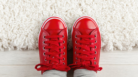A vibrant pair of bright red sneakers sits neatly on a plush white rug, capturing the essence of comfort and playful style in a cozy home setting.の素材