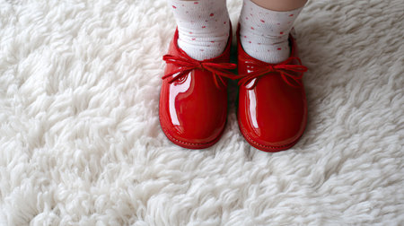 A charming pair of shiny red shoes worn by a child, complemented with white polka dot socks, showcases a cozy indoor atmosphere on a fluffy background.の素材