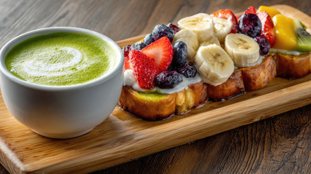 A beautifully styled breakfast scene featuring toasted bread topped with fresh fruits like strawberries, bananas, and blueberries alongside a vibrant matcha beverage, ideal for healthy eating.の素材