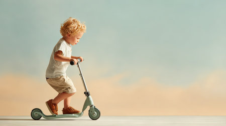 A delightful scene of a young child riding a scooter with excitement against a serene blue sky filled with soft clouds, embodying carefree childhood joy.の素材