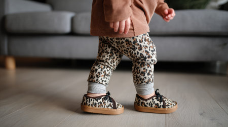 A joyful toddler takes steps in stylish leopard print leggings and trendy sneakers, capturing the essence of modern childhood fashion in a cozy indoor space.の素材
