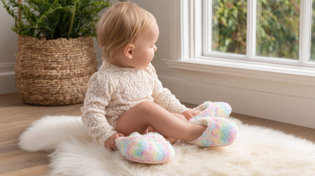 An adorable toddler sitting on a soft rug, wearing cozy slippers and enjoying natural light from the window, captures a moment of innocence and comfort.の素材