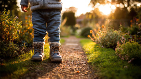 A charming scene of a child wearing a cozy sweater and sturdy boots, walking along a garden path during sunset, evoking warmth and adventure in nature.の素材