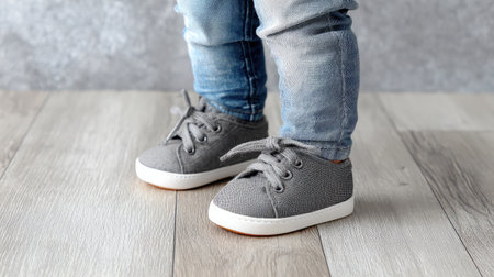 A charming close-up of toddler feet wearing soft gray sneakers on a wooden floor, showcasing cute denim jeans. Perfect for capturing childhood innocence and fashion.の素材