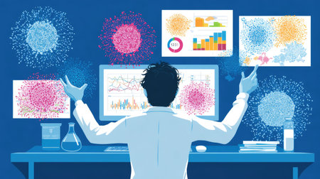 A modern laboratory scene where a scientist engages with vibrant data visualizations on computer screens, showcasing the dynamic world of data analysis and research.の素材