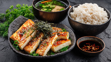 This appealing image showcases a vibrant plate of grilled tofu garnished with sesame seeds and seaweed, paired with fluffy rice and a rich soup, perfect for food lovers.の素材