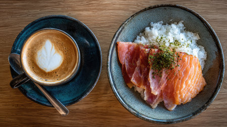 A captivating top view image featuring a bowl of rice topped with fresh salmon slices and a cup of aromatic coffee, perfect for a healthy breakfast.の素材