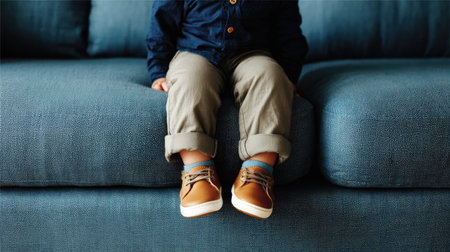 A cute toddler is sitting comfortably on a blue couch, wearing stylish shoes and rolled-up pants, capturing a moment of joy and playfulness in a cozy home atmosphere.の素材