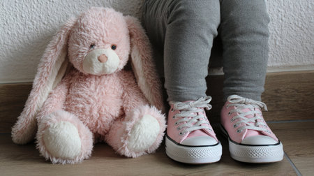 A delightful scene featuring a soft pink bunny toy sitting next to a child's feet dressed in gray pants and pink sneakers, set on a wooden floor backdrop.の素材